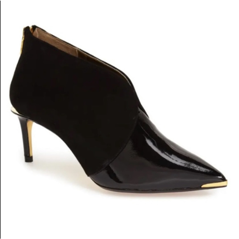 Ted Baker Black Patent & Suede Pointed Toe Ankle Booties with Gold Accent